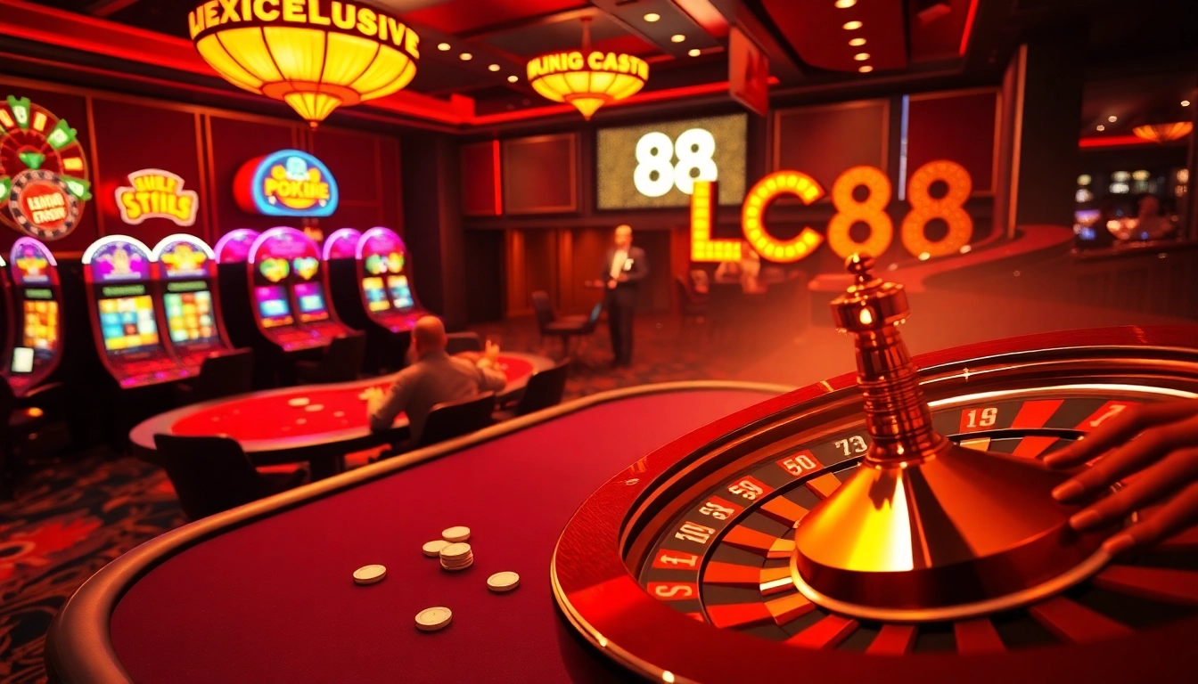 LC88 casino scene showing poker players at an engaging table, highlighting the excitement of gambling.