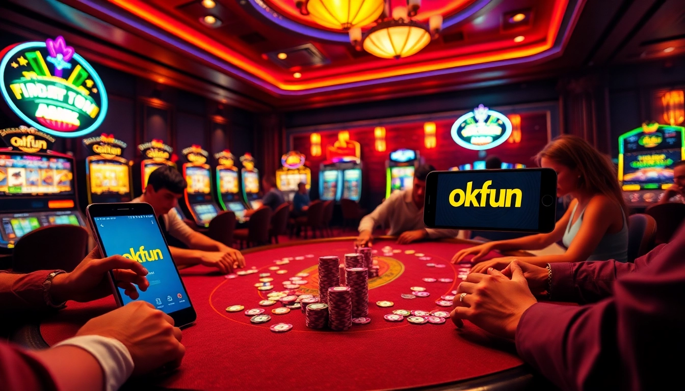 Experience the thrill of gambling at the okfun casino, where players enjoy an exciting poker table atmosphere surrounded by slot machines.