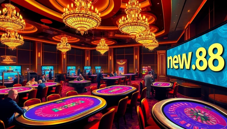 Enjoy thrilling gaming at new88.com with live dealer tables and vibrant slot machines in a luxurious casino setting.
