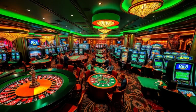 Players enjoying a high-stakes game at 8k8's luxurious casino, featuring vibrant slot machines and poker tables.