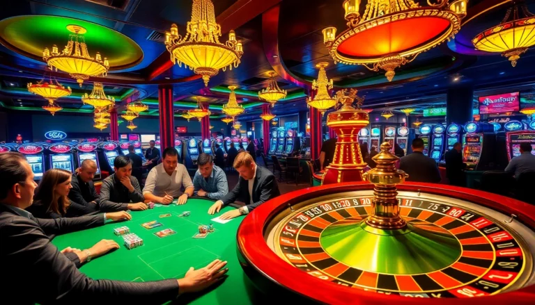 Experience thrilling casino gaming at 32win trang chủ with vibrant players around poker tables and roulette wheels.